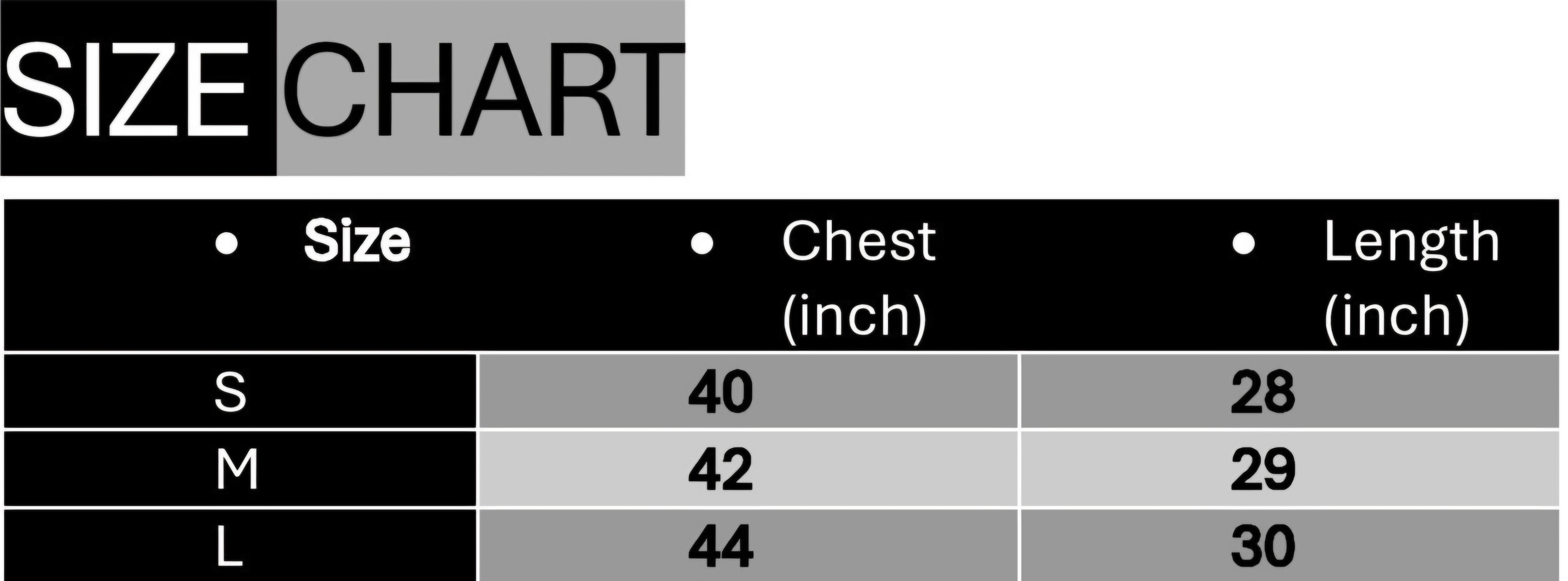 Size chart for Chinese Polo Black