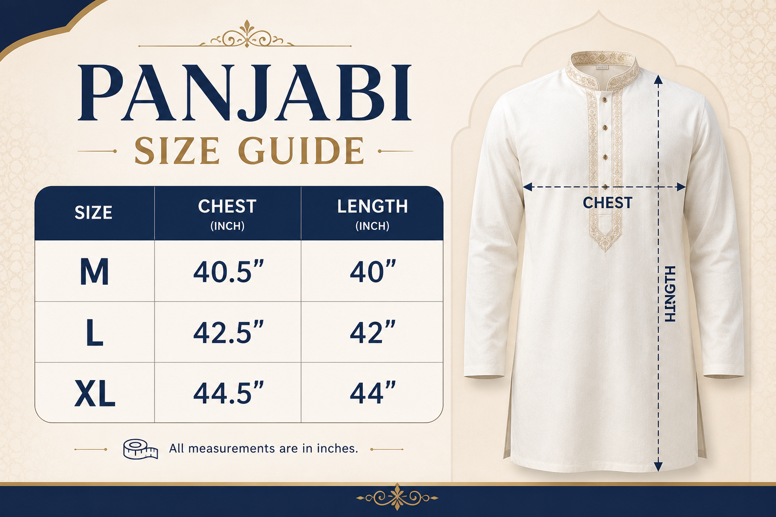 Size chart for Premium Sequence Panjabi 801