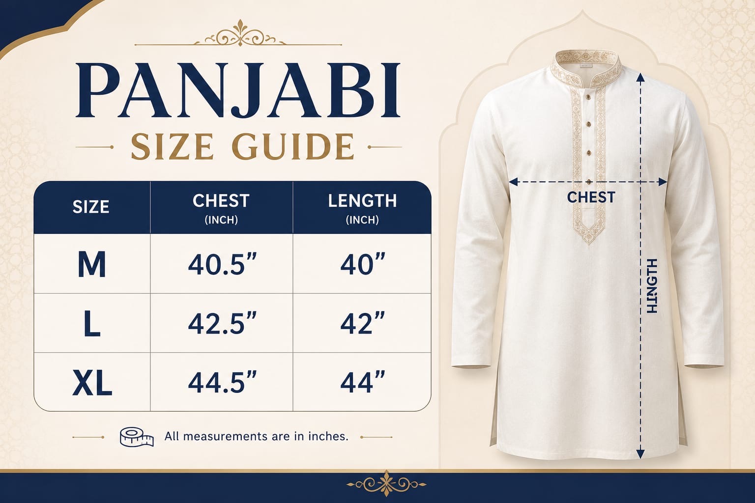 Size chart for Premium Sequence Panjabi 803