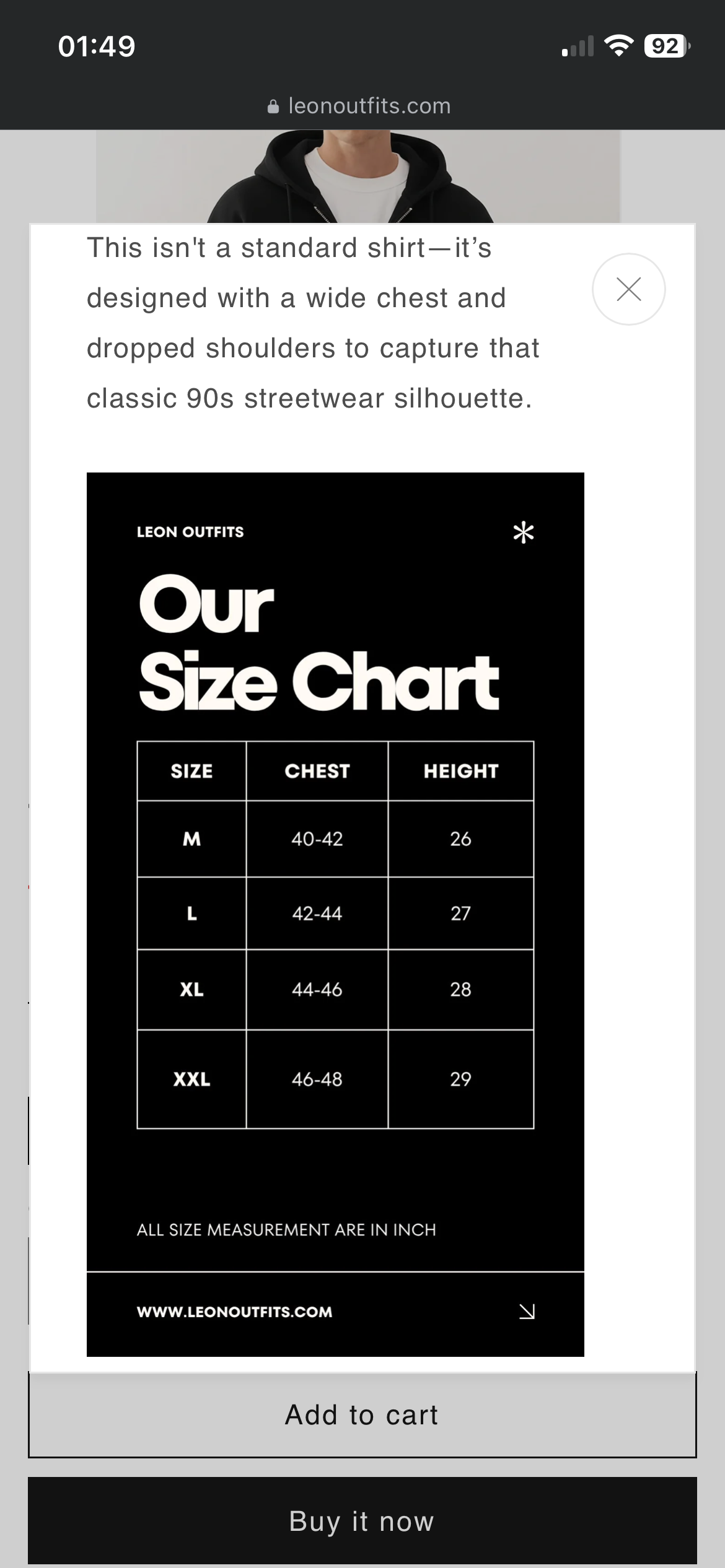 Size chart for Shirt